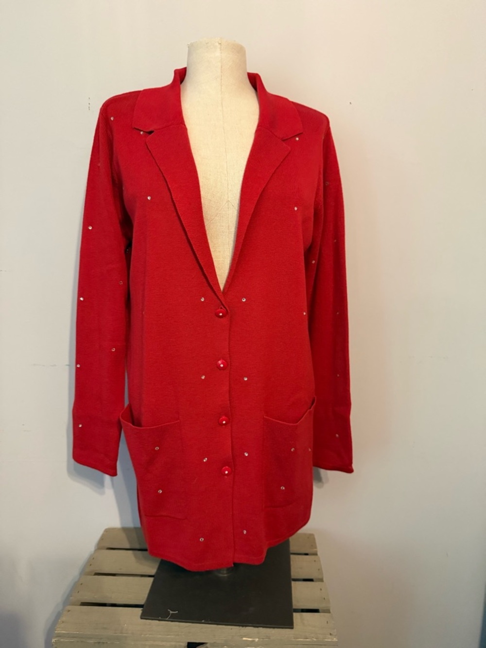 Quacker Factory Red Cardigan with Rhinestone Details